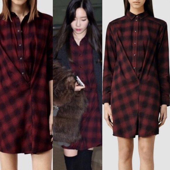 All Saints Kayla Plaid Shirt Dress Womens Size 2 Flannel Cotton Draped Burgundy - Picture 10 of 10